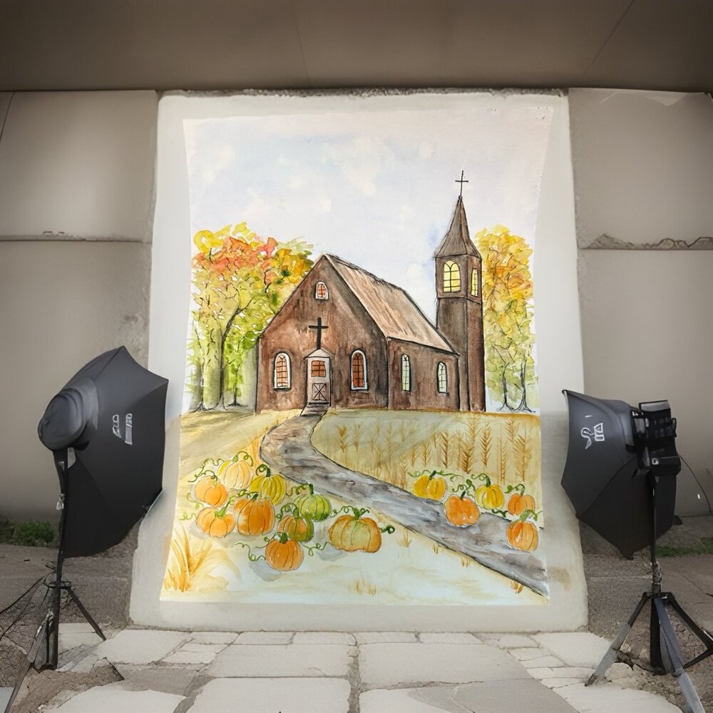 Original Watercolor Painting 9x12 Country Church Fall Pumpkins